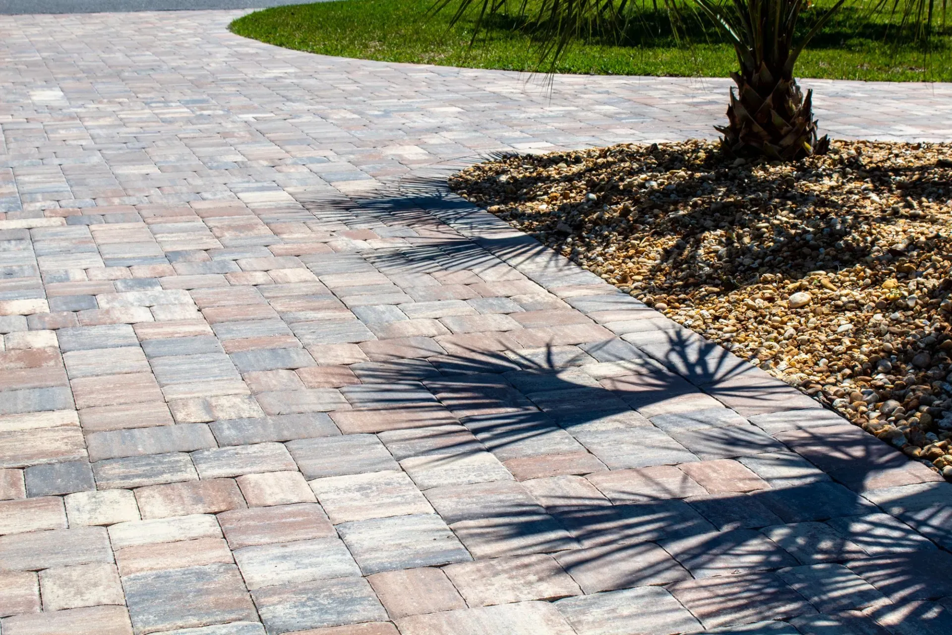 Multi-tone paver driveway with palm tree landscaping